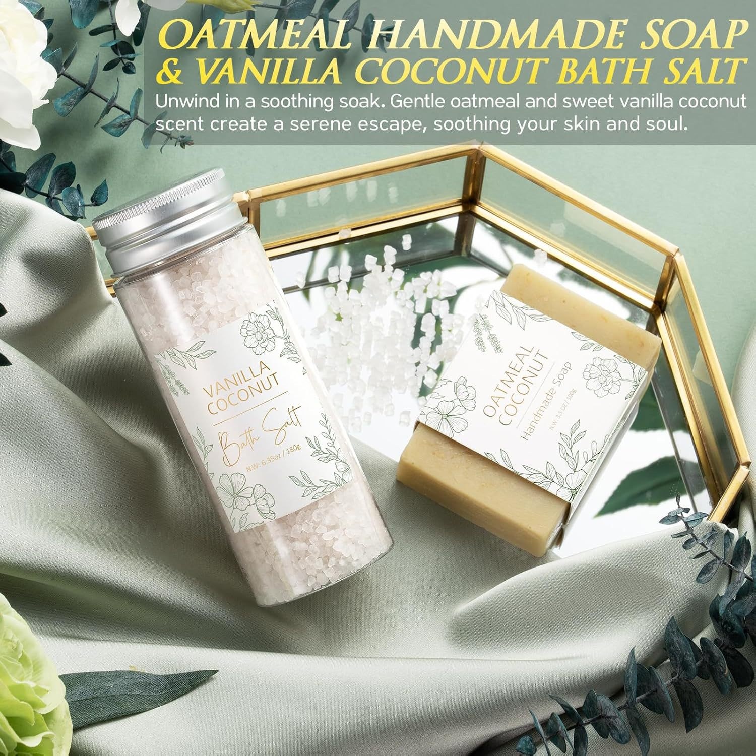 Oatmeal handmade soap and vanilla coconut bath salt from cozy comfort gift set