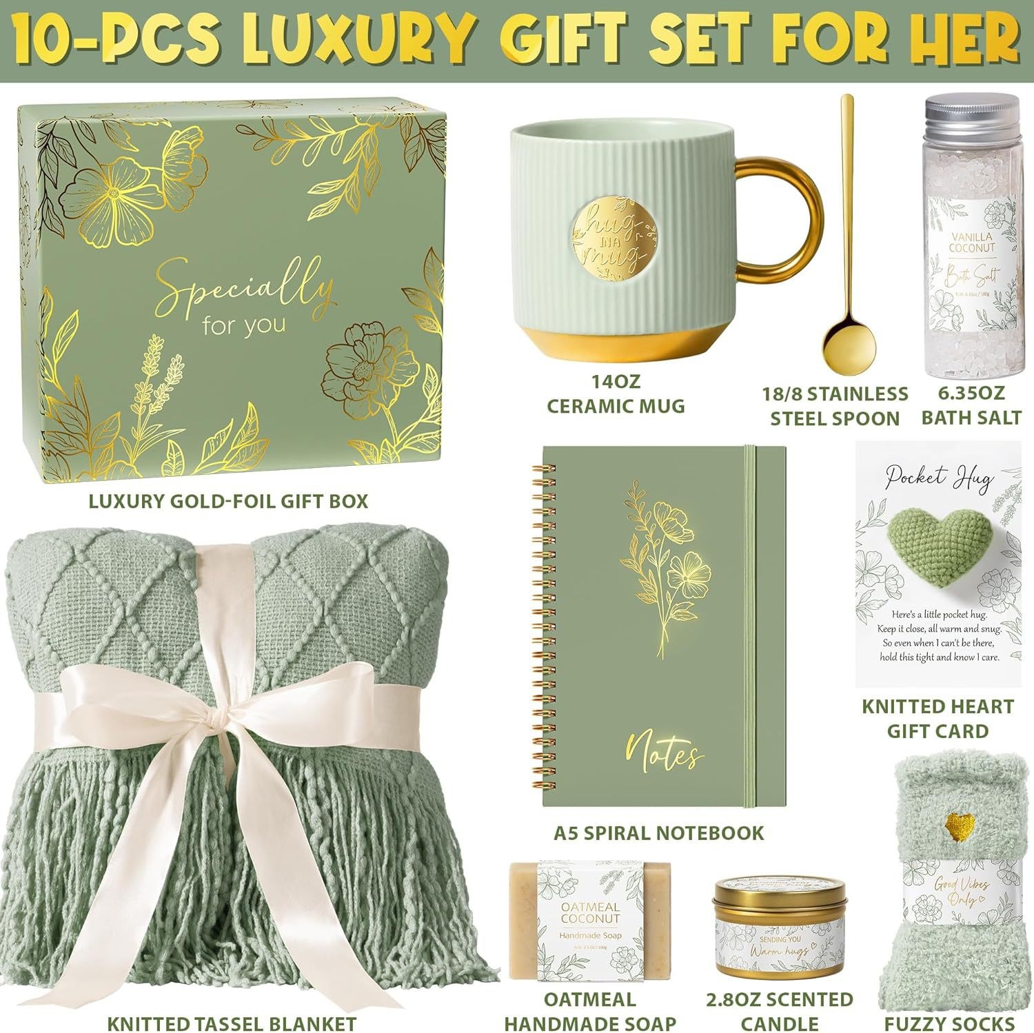 10-piece cozy comfort gift set contents infographic - blanket, ceramic mug, notebook, candle, soap, bath salt, socks