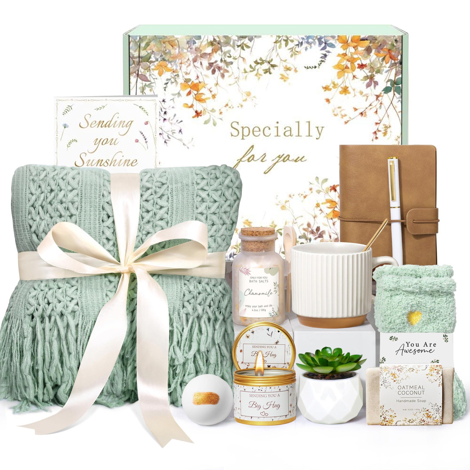 Sage self-care ritual gift box full display with blanket, mug, journal and candle