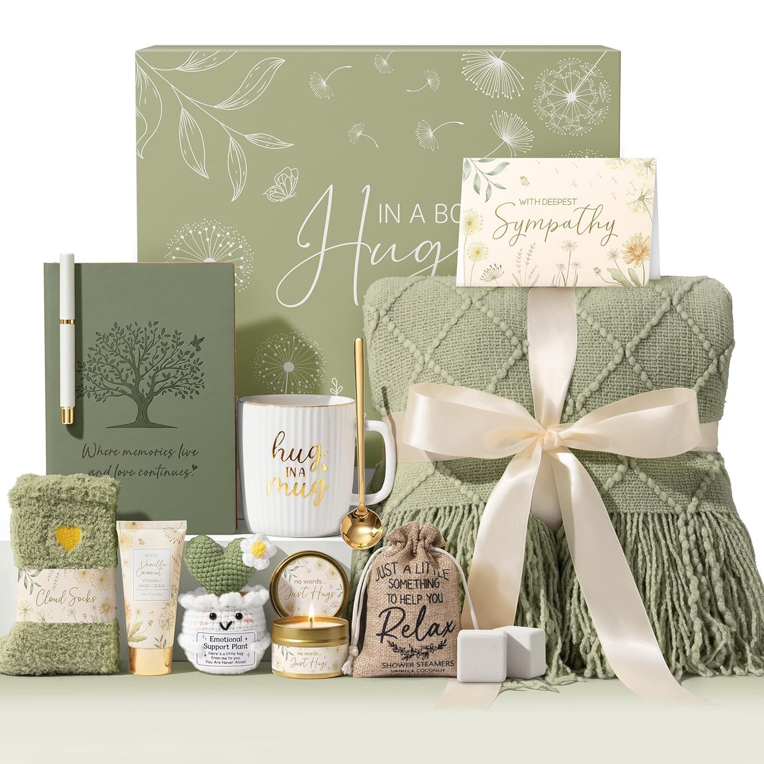 Hug in a box care gift basket sage green display with blanket, mug and candle