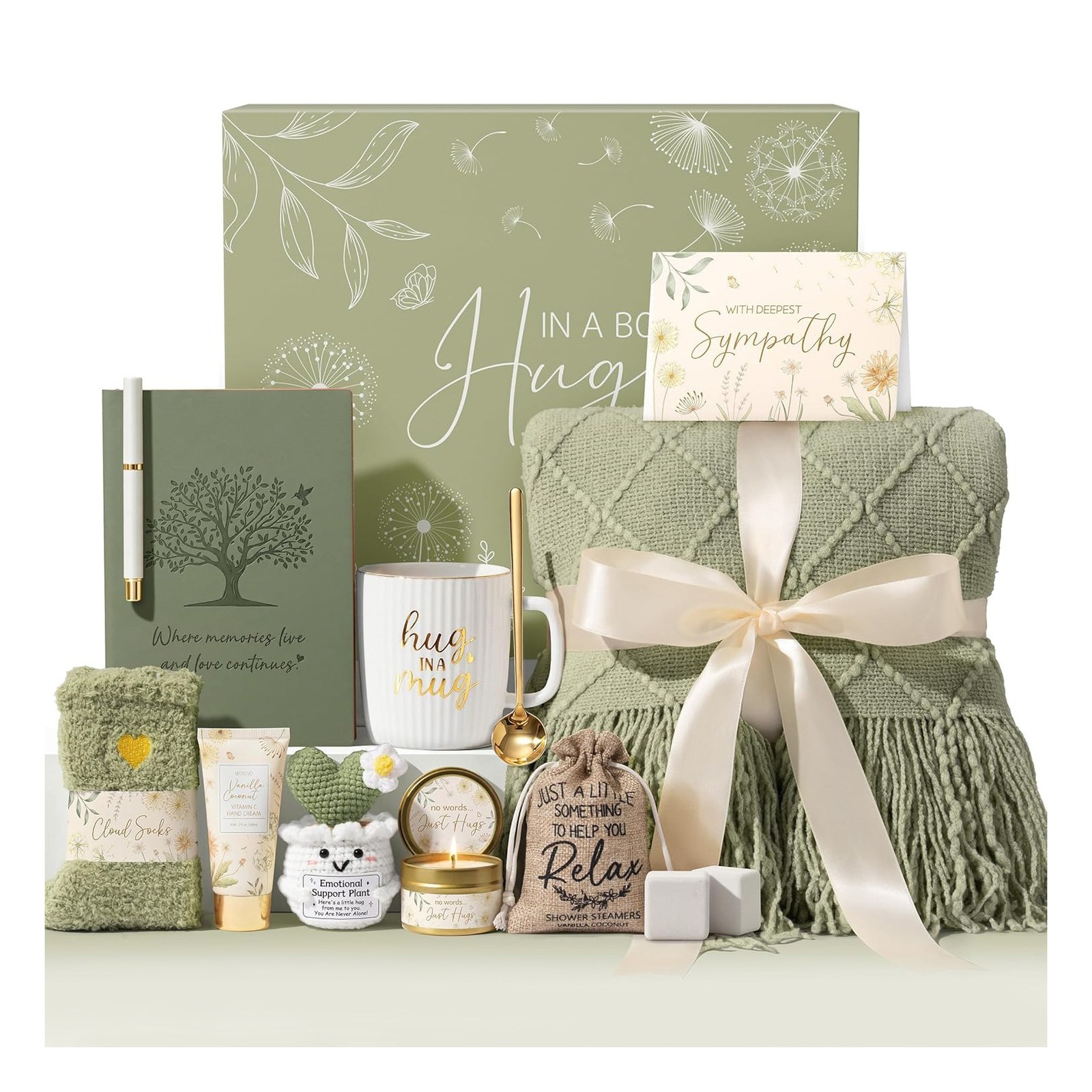 Hug in a box care gift basket sage green colorway