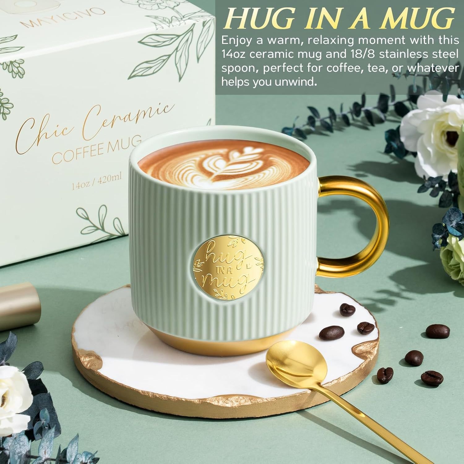 Sage green ribbed ceramic coffee mug with gold handle and stainless spoon from comfort gift set