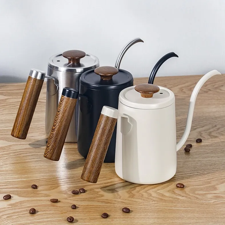 Gooseneck pour over kettle color options - stainless silver, matte black and cream white with wooden handles