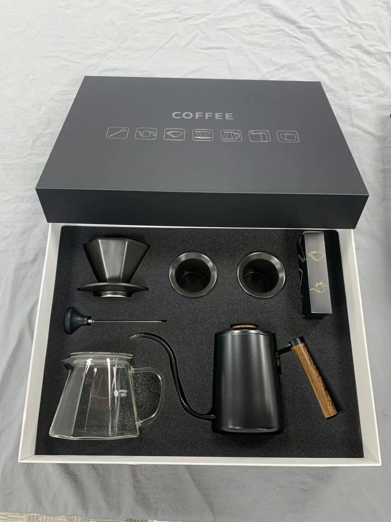 Black coffee gift set unboxed - all seven components in foam insert