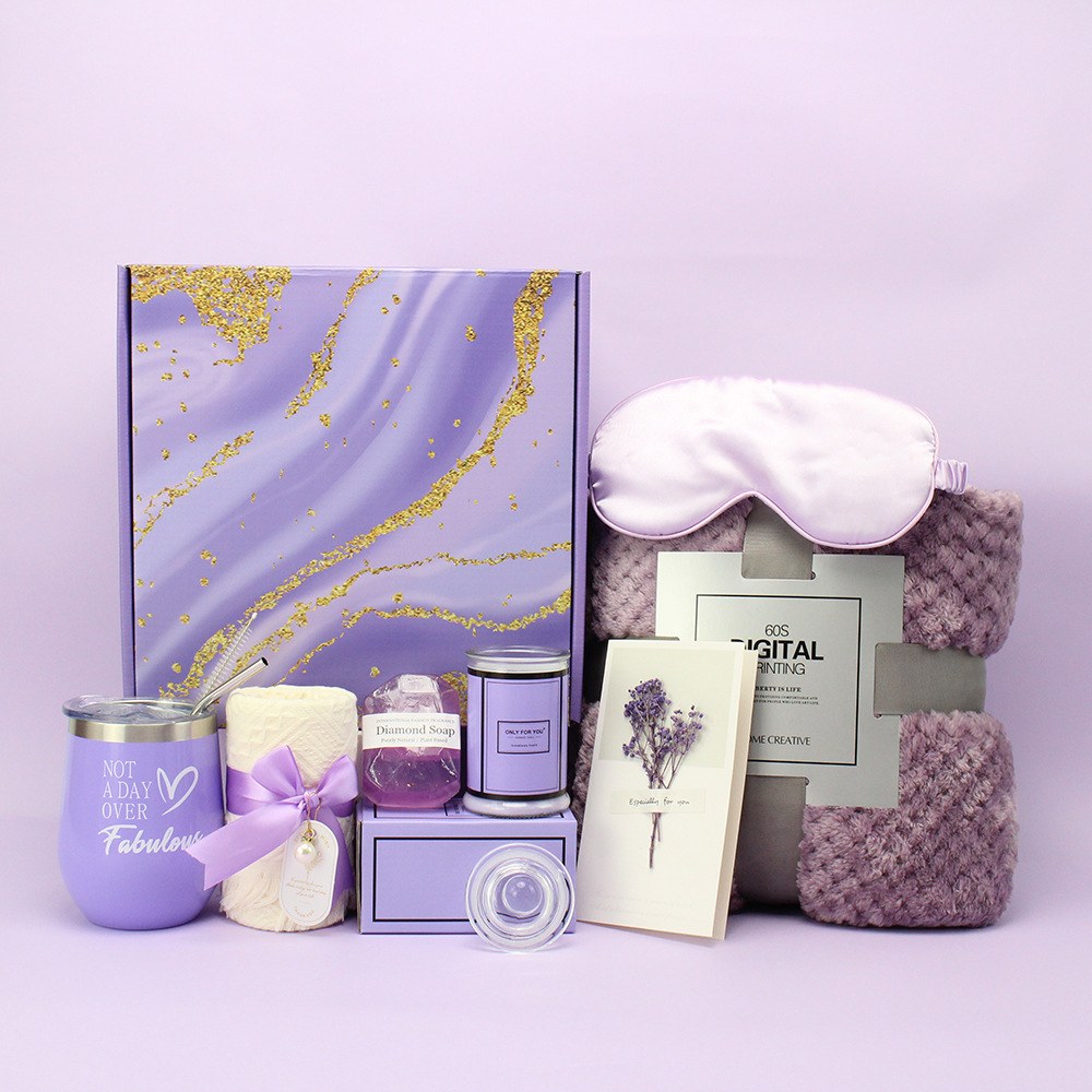 Purple spa gift set with digital hug blanket and accessories