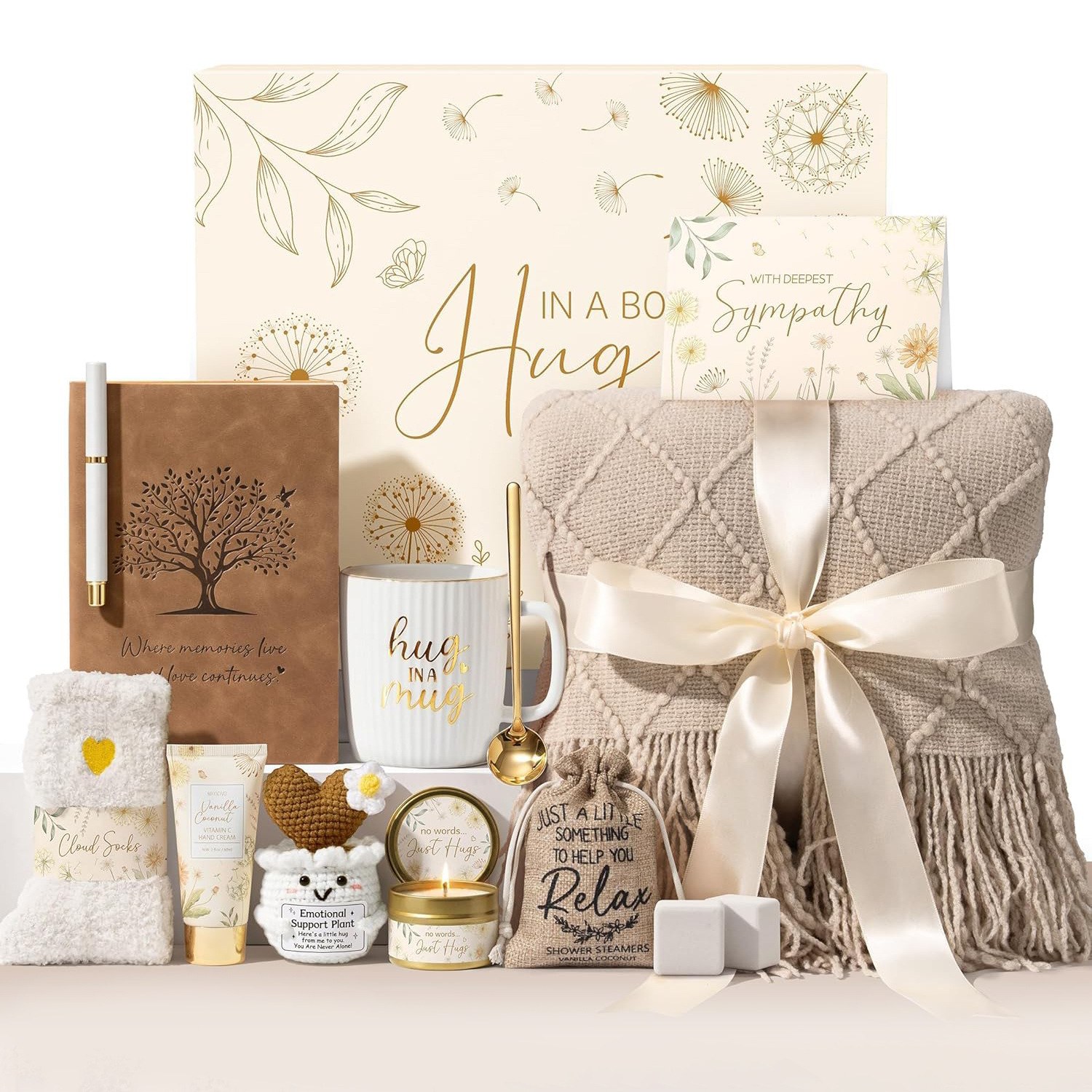 Hug in a box care gift basket khaki tan colorway