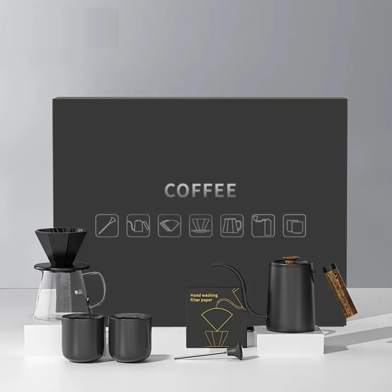 Pour over coffee gift set in cream white - ceramic dripper, stoneware cups, glass server and wooden-handle kettle in magnetic gift box