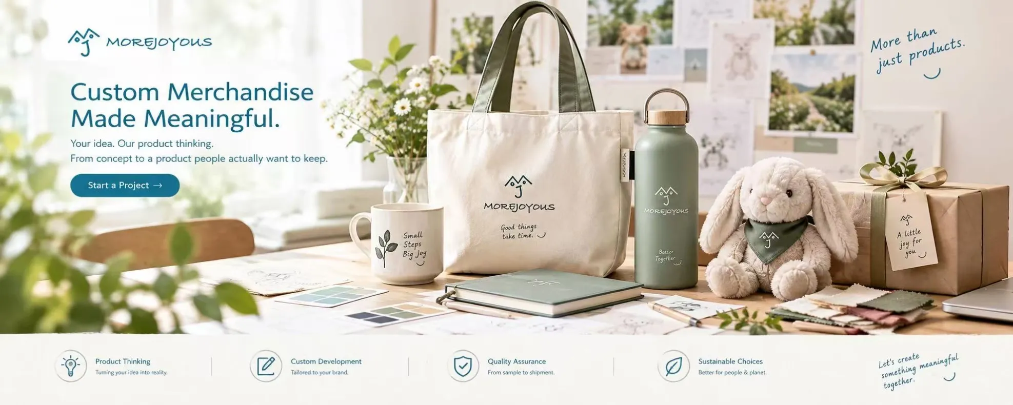 Morejoyous custom merchandise - plush, bags and drinkware
