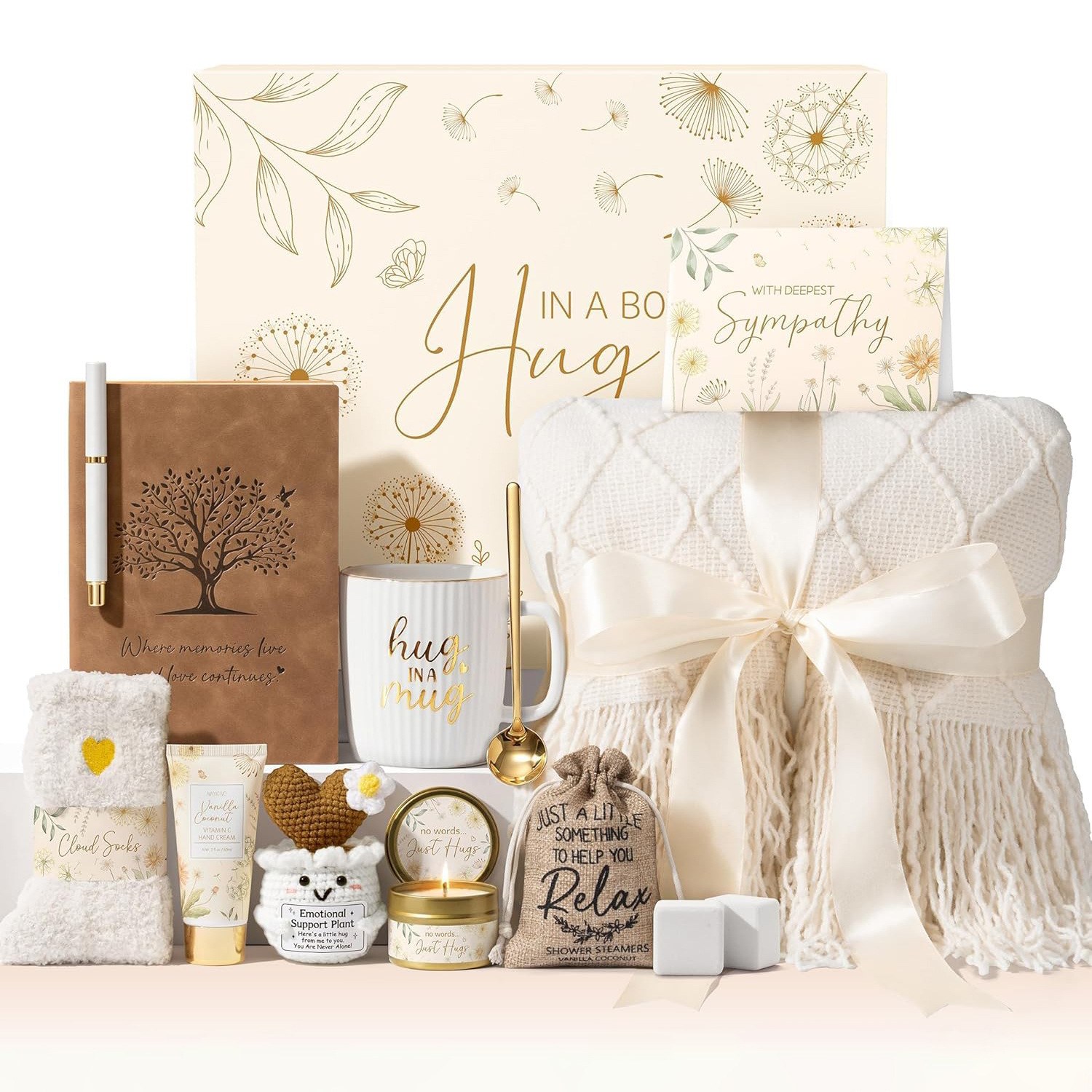 Hug in a box care gift basket cream white colorway