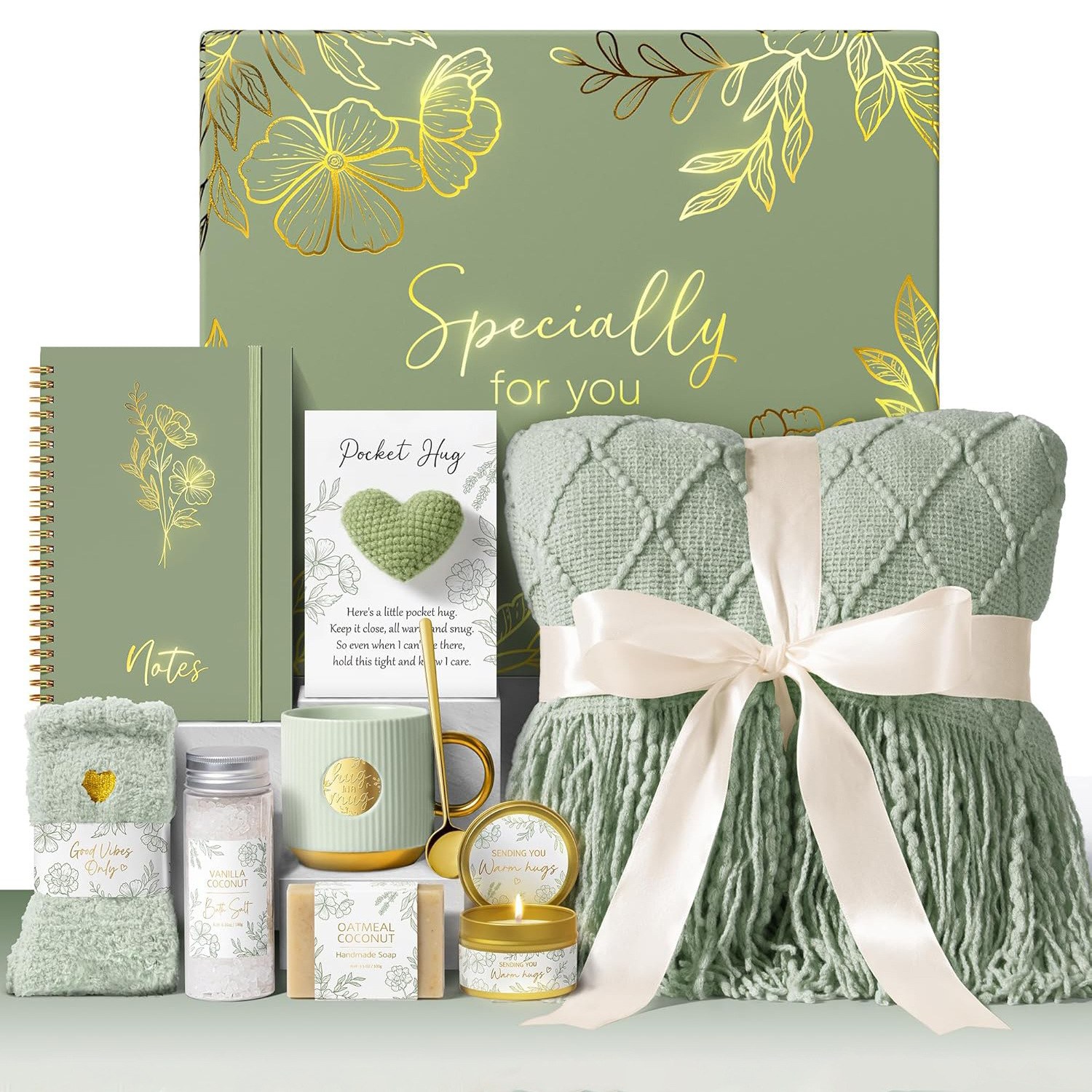 Sage green cozy comfort gift set display - blanket, mug, candle and soap in gold foil gift box