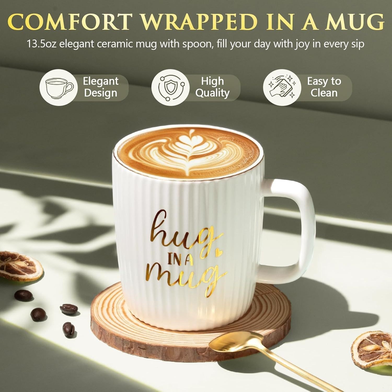 Hug in a mug ceramic coffee cup with gold lettering on wooden lid coaster