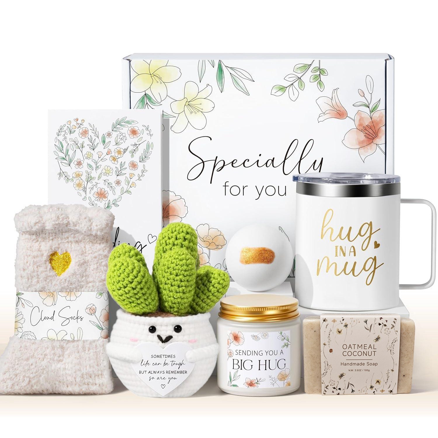 Knitted cactus hug in a mug gift set with insulated tumbler, socks, candle and soap