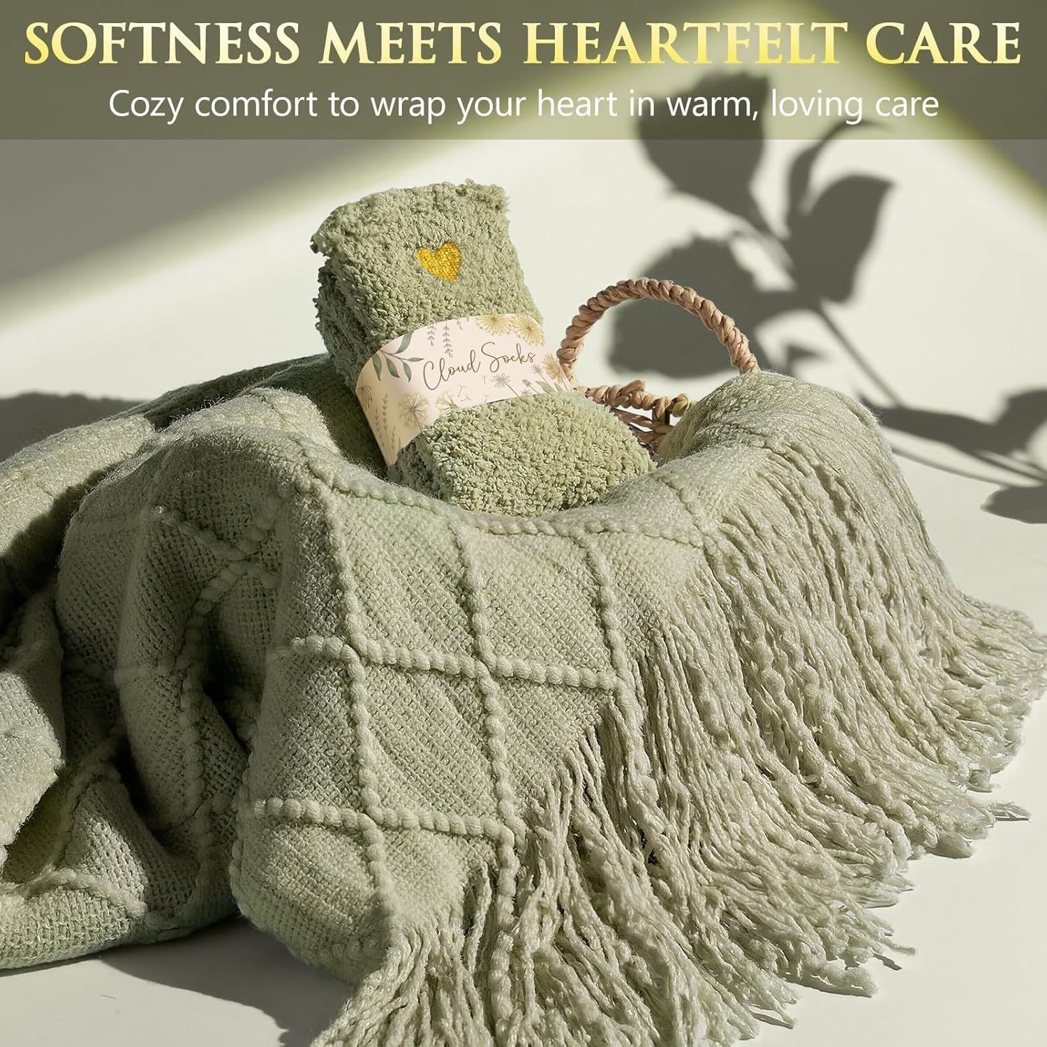 Soft knitted tassel throw blanket with heartfelt care card from hug in a box package
