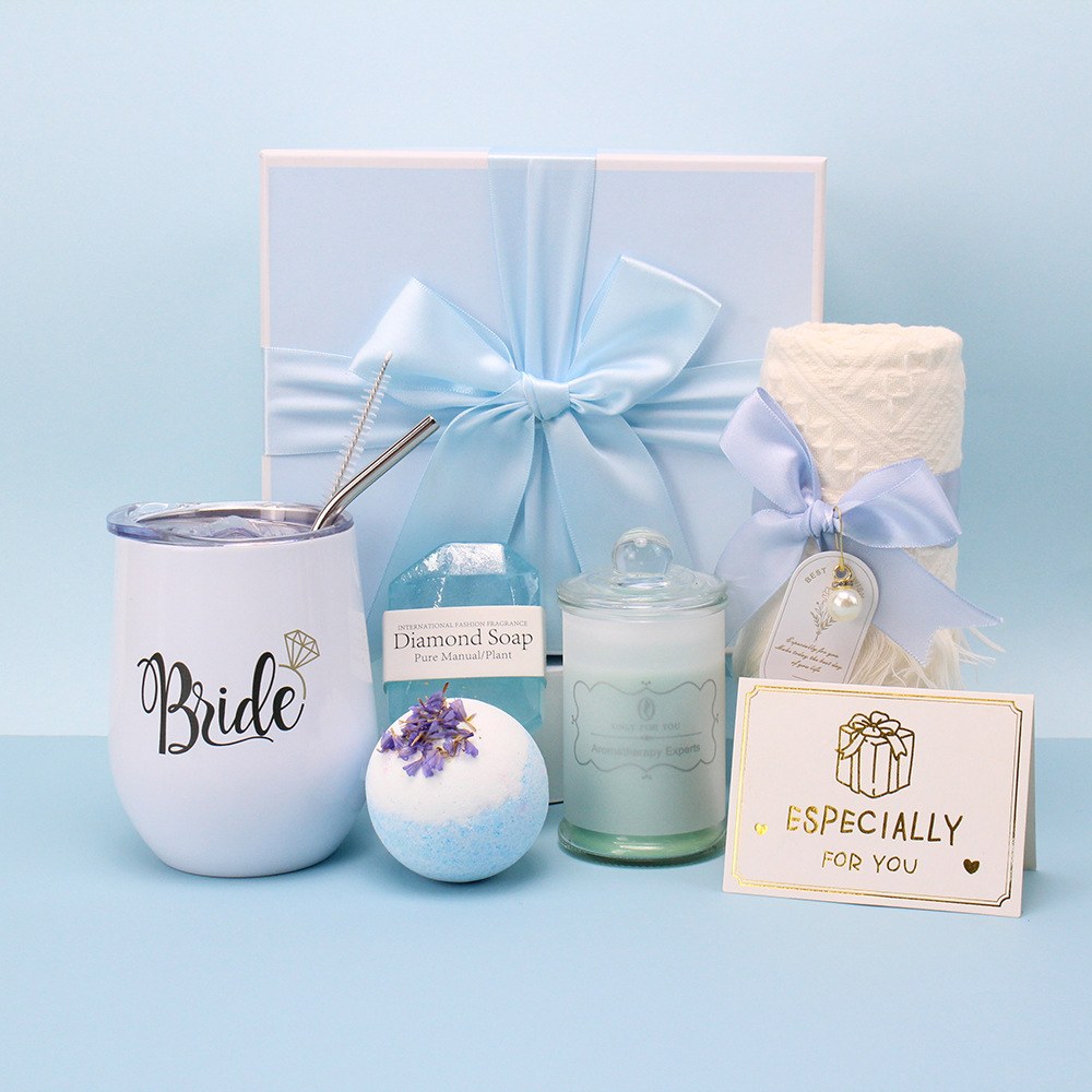 Blue bride insulated tumbler spa gift set with soap, bath bomb and candle