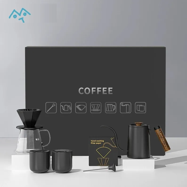 Pour over coffee gift set in cream white - ceramic dripper, stoneware cups, glass server and wooden-handle kettle in magnetic gift box