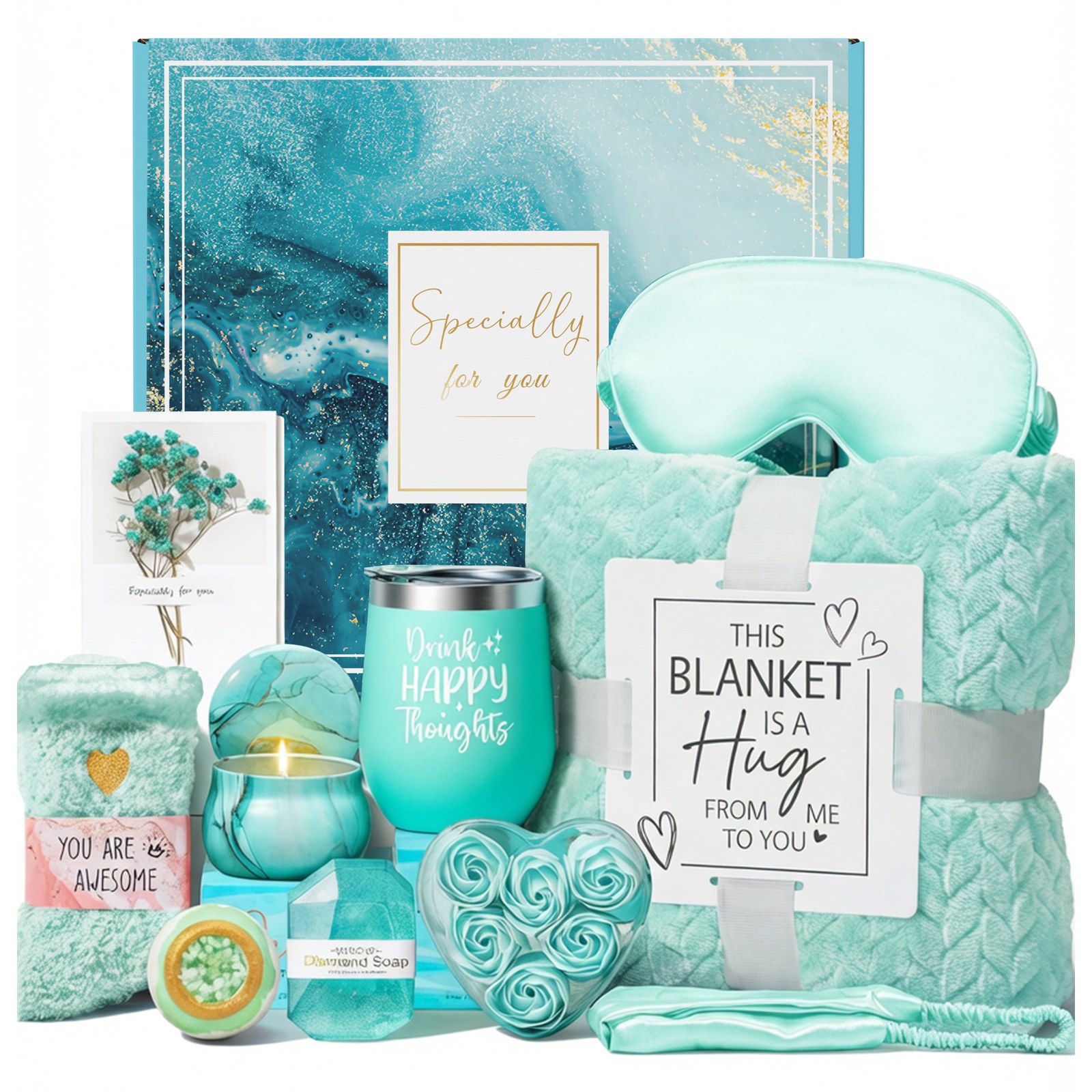 Teal get well soon spa gift set collection with blanket and tumbler