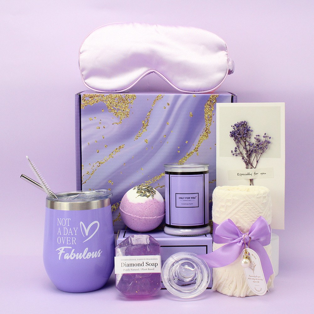 Lavender spa gift set with wine tumbler, candle and satin eye mask