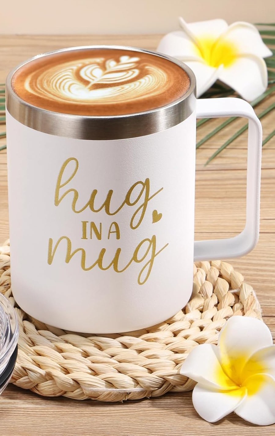 Hug in a mug white insulated stainless tumbler with latte