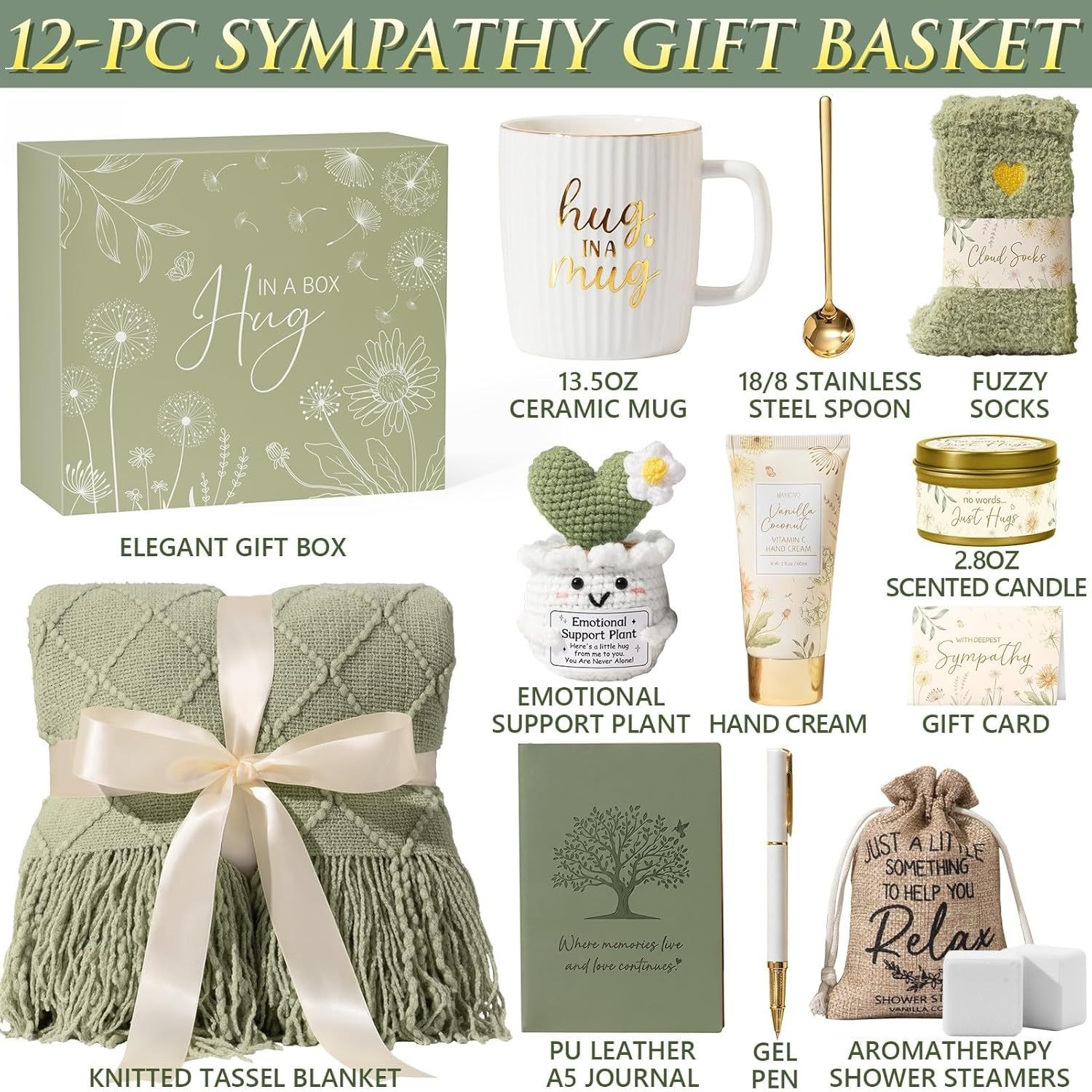 12-piece hug in a box care package contents - ceramic mug, blanket, journal, candle, hand cream, shower steamers