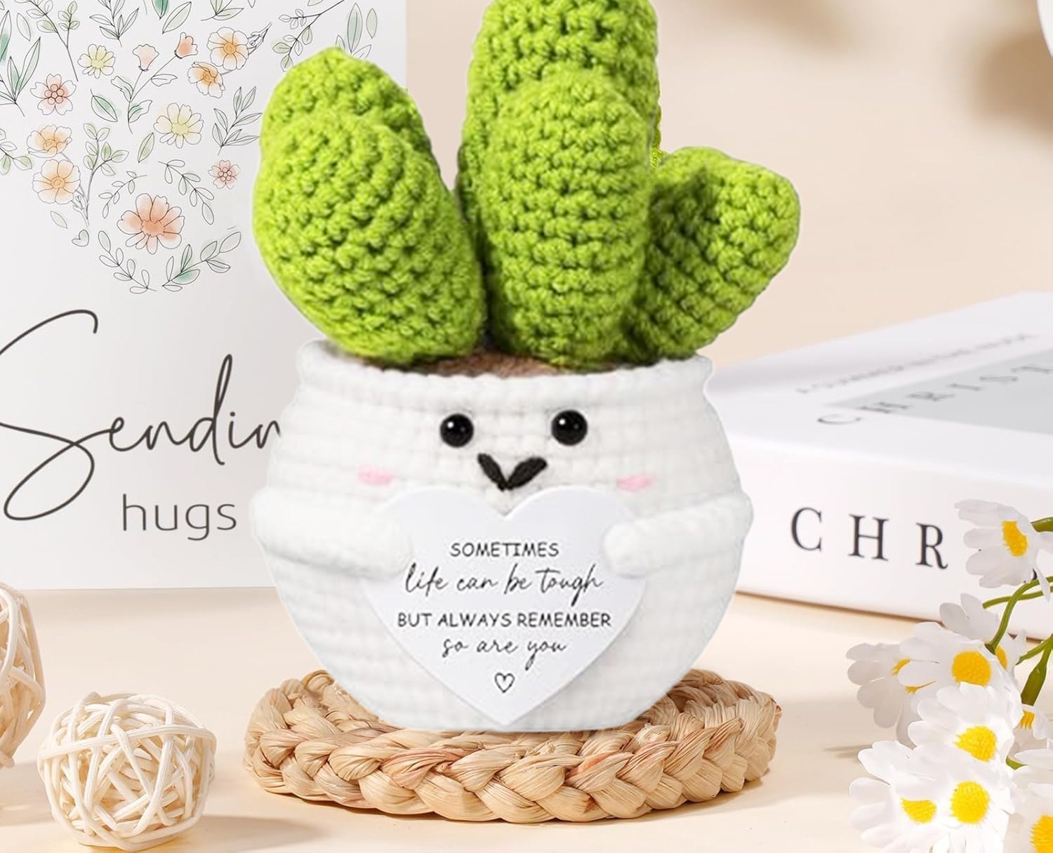 Smiling crochet cactus with sending hugs heart card from gift set